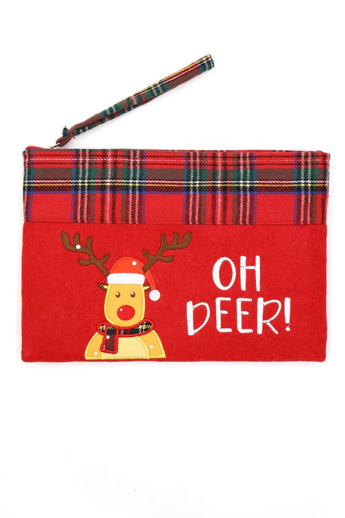 Oh Deer Reindeer Christmas Felt Pouch/Wristlet